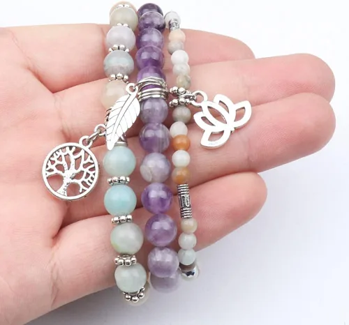 Vista 4 de UEUC - Pulseras Reiki, apilables, de piedras curativas, cristales, con dije del árbol de la vida, yoga y hoja de loto, contra la ansiedad