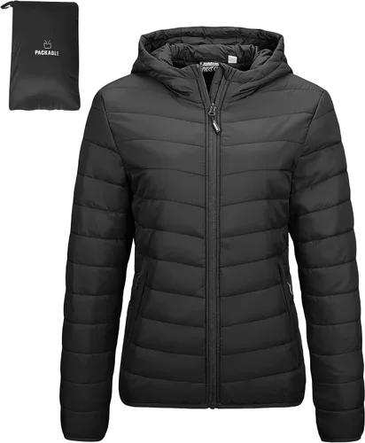 Vista 23 de Outdoor Ventures Chaqueta Puffer Ligera Empacable para Mujer con Cremallera Completa y Capucha, Abrigo de Invierno Acolchado Verde militar