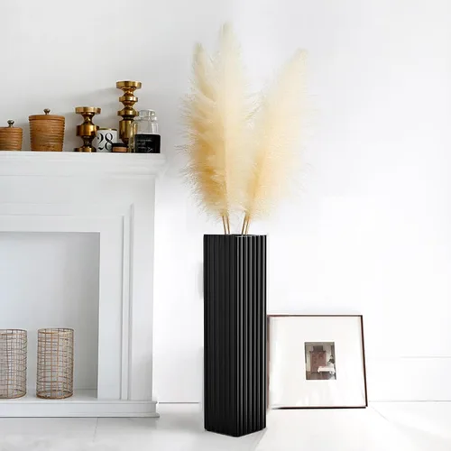 Vista 5 de Jarrón moderno de 18 pulgadas con rayas verticales negras, jarrón alto para ramas secas, hierba de pampas, flores sintéticas, decoración del hogar