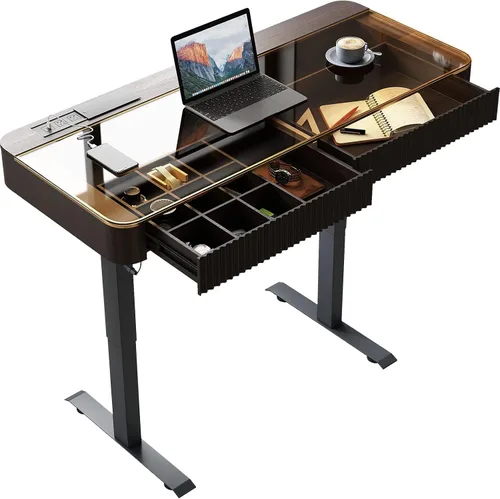 Vista 6 de Lartis Escritorio de oficina, mesa elevadora eléctrica para computadora, escritorio de pie con cajón de carga, puerto USB, mesa para computadora
