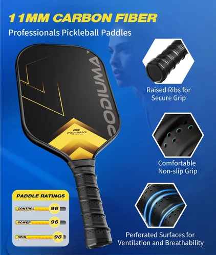 Vista 2 de PodiuMax Carbon Fiber Pickleball Paddles, 11mm 13mm Hexa Polymer Core for Power&Control&Spin, Fiberglass Pickleball Paddle Set of 2, Lightweight