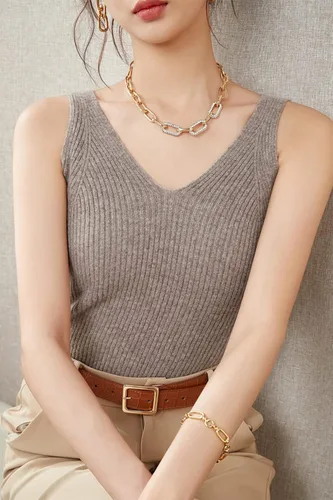 Vista 3 de LINY XIN Chaleco de punto 100 % lana merino para mujer, con cuello en V, sin mangas, liso, clásico