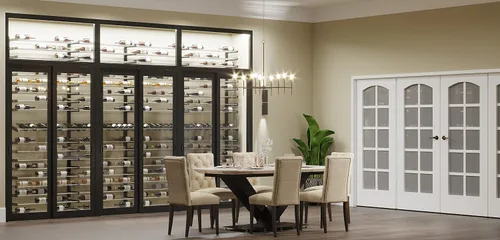 Vista 4 de VintageView Evolution Wine Wall 30 3C - Estante moderno para vino (54 botellas, negro mate/bronce dorado)