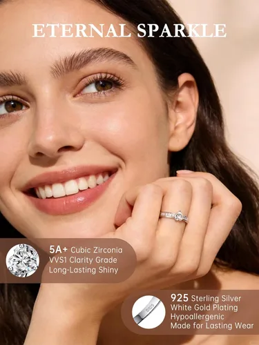 Vista 2 de AVECON Heart Cut Promise Ring for Her, 925 Sterling Silver Eternity Ring Circonita cúbica A