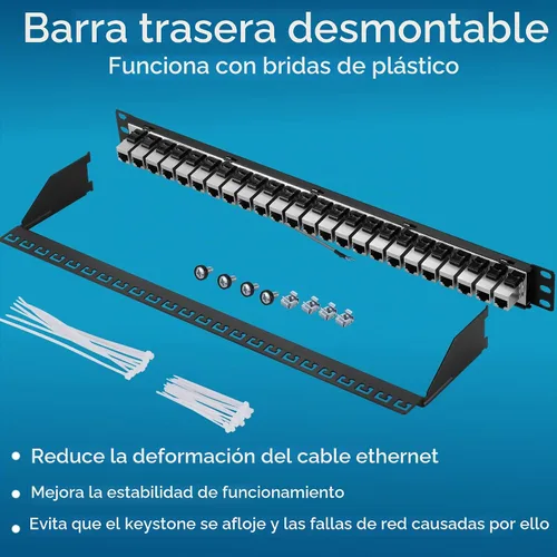Vista 6 de Rapink Panel de conexiones de 24 puertos Cat7 con soporte Keystone 10G en línea, panel de conexión acoplador blindado STP de 19 pulgadas con barra