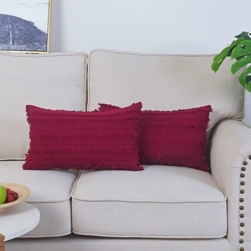 Vista 27 de GYROHOME Paquete de 2 fundas de almohada de algodón y lino, fundas de cojín decorativas, diseño de borlas, fundas de cojín modernas con flecos Beige
