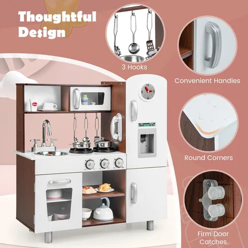 Vista 3 de Costzon Juego de cocina para niños, cocina de simulación para niños pequeños con utensilios, horno, gabinetes, grifo, fregadero, teléfono