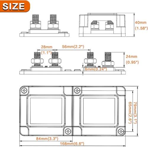 Vista 6 de Barra de Bus de 400A 8 Pernos Terminales M10 (3/8 de pulgada) Diseño Modular Bloque de Distribución de Cobre Estañado Polo Negativo Barras de Bus
