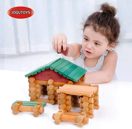 Vista 2 de 90 piezas de bloques de construcción de madera para niños pequeños, juego de troncos de cabaña de madera clásico, juguete educativo preescolar