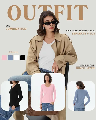 Vista 6 de Paquete de 4 camisas térmicas de manga larga para mujer, con forro polar, cuello en V, ropa interior ajustada, capa base, básica, tops cálidos