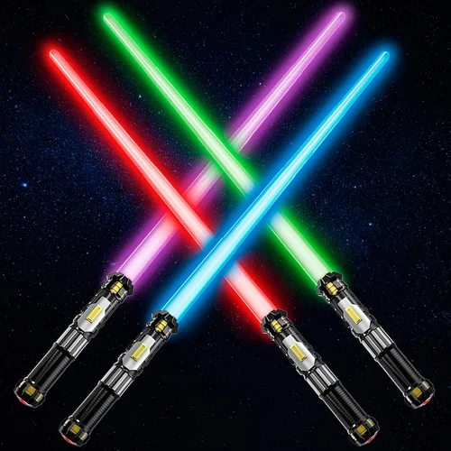 Vista 6 de Paquete de 4 sables de espada iluminados con sonido FX (control de encendido y apagado) y mango retráctil completo, 4 colores LED que brillan