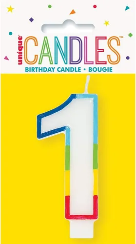 Vista 2 de Unique Vela de cumpleaños con número "1" con borde arcoíris vibrante, multicolor y llamativo, perfecta para celebraciones de cumpleaños inolvidables