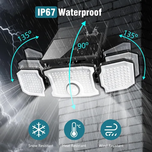 Vista 5 de Luces solares impermeables para exteriores, 2800 lm, 200 luces LED con sensor de movimiento, 3 cabezales y 3 modos de luces de inundación, luces