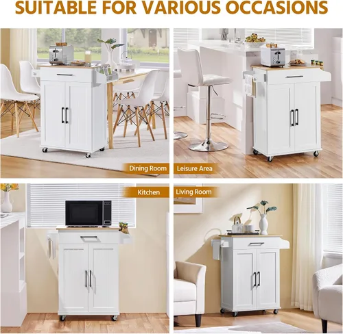 Vista 9 de Yaheetech - Carrito de isla de cocina de 32 pulgadas de ancho con almacenamiento, estante ajustable, color blanco Small Kitchen Island on Wheels