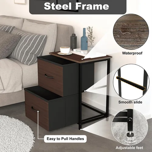 Vista 5 de LubanNese Mesita de noche con 2 cajones de tela, mesita de noche pequeña para habitación de los niños, mesa auxiliar con parte superior de madera