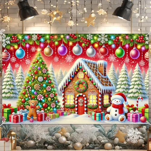 Vista 9 de BlissYard Telón de fondo de tren de Papá Noel, 71 x 43 pulgadas, pancarta de escena de Navidad de pan de jengibre, fondo de fotos para fiestas