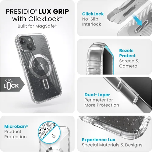 Vista 3 de Speck Funda para iPhone 17e, 15 – Bloqueo de bloqueo antideslizante ClickLock, diseñada para MagSafe, agarre de protección contra caídas