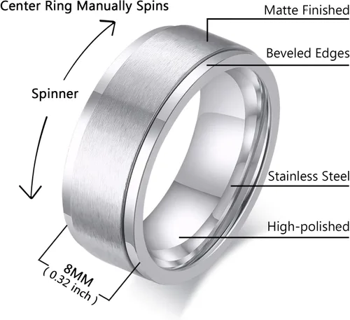 Vista 2 de Anillos giratorios para la ansiedad para hombre, de 0.315 in, de acero inoxidable, para hombres y mujeres, alivio de la ansiedad, acabado cepillado