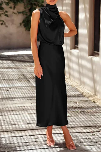 Vista 7 de PRETTYGARDEN Vestido de satén de verano 2024 para mujer, elegante, sin mangas, con cuello alto falso, para cóctel, fiesta, maxi vestidos