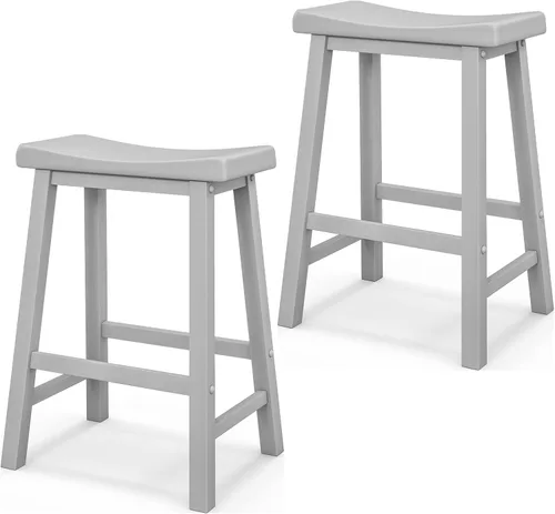 Vista 10 de COSTWAY Juego de 2 taburetes de silla de montar de 24 pulgadas de altura de mostrador con patas de madera maciza y reposapiés, taburetes modernos