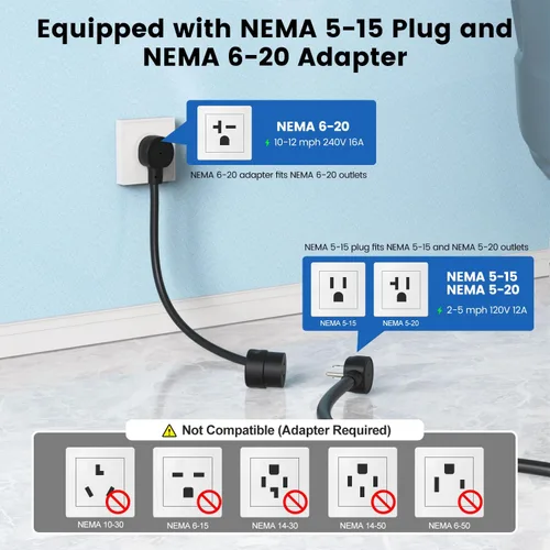 Vista 7 de Cargador EV de nivel 1/2, control de corriente ajustable Wi-Fi/App de 16 amperios, enchufe NEMA 5-15 certificado ETL/adaptador NEMA 6-20, retardo