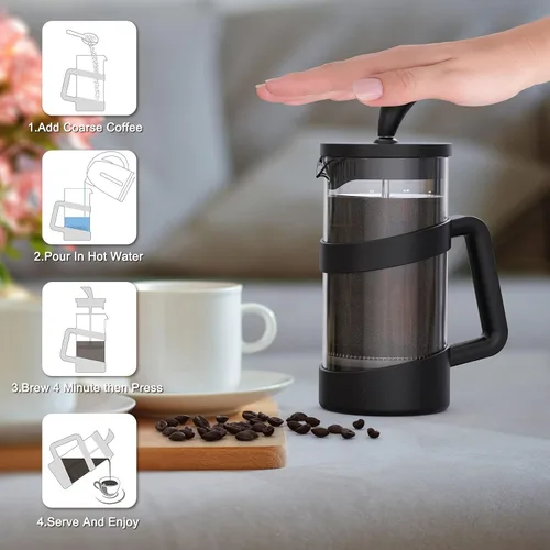 Vista 6 de RAINBEAN Mini cafetera de prensa francesa, 12 onzas, olla de prensa de café para campamento, prensa francesa pequeña, prensa de té y leche espumada