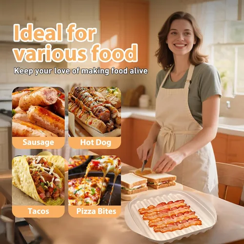 Vista 6 de Bandeja para microondas con tapa, cocinador de tocino para microondas, diseño eficiente de drenaje de aceite para tocino más saludable y crujiente
