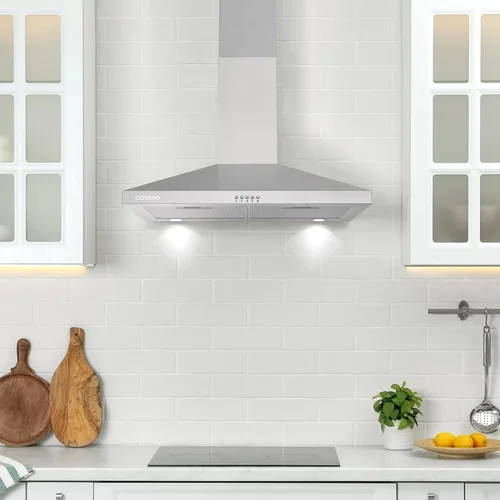 Vista 3 de COSMO COS-63024P - Campana extractora de montaje en pared con conductos de 250 CFM de 30 pulgadas, control de botón, luces LED, filtros de malla