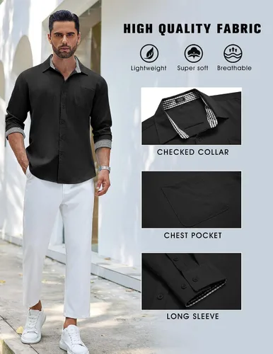 Vista 4 de COOFANDY Camisa de lino con botones para hombre, de manga larga, informal, para playa, con bolsillo