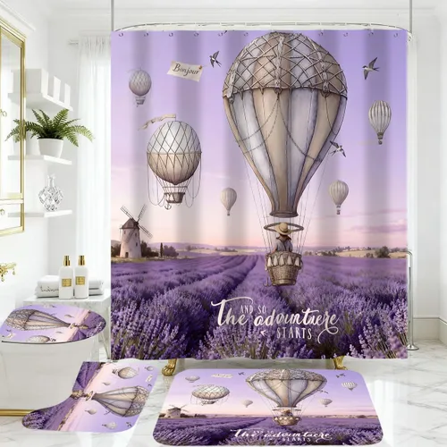 Vista 10 de Juego de 4 cortinas de ducha con diseño de rosa azul y leopardo con alfombras, tapa de inodoro y tapete de baño, cortina de ducha azul con 12