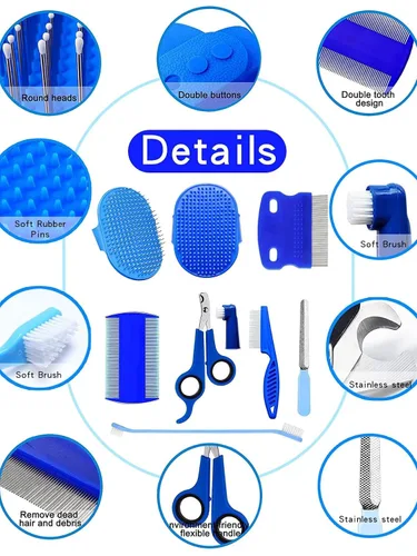 Vista 3 de 10 in 1 Pet Grooming Kit Dog Cat Rabbit Grooming Tools with Bath Brush Nail Clipper File Comb Toothbrush Set for Small Animals