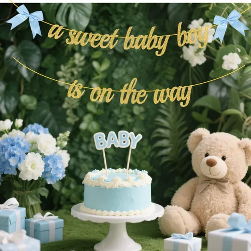 Vista 2 de ALISSAR Cartel azul preencordado para baby shower para niño - Decoración de baby shower con letras y lazo con purpurina