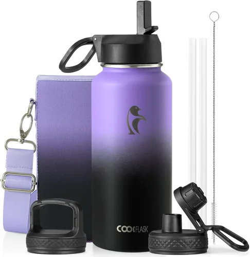 Vista 54 de Coolflask Botella de agua de 24 onzas aislada con pajilla, 3 tapas de metal de acero inoxidable, botella de agua de boca ancha para deportes u