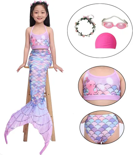 Vista 2 de Gesikai01 - Conjunto de traje de baño de sirena para niñas, 6 piezas, incluyendo cola de sirena