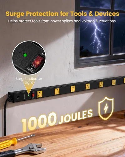 Vista 3 de Suraielec Regleta protectora de sobretensiones de 10 tomas de corriente, regleta industrial de metal resistente con enchufe plano, 1000 julios