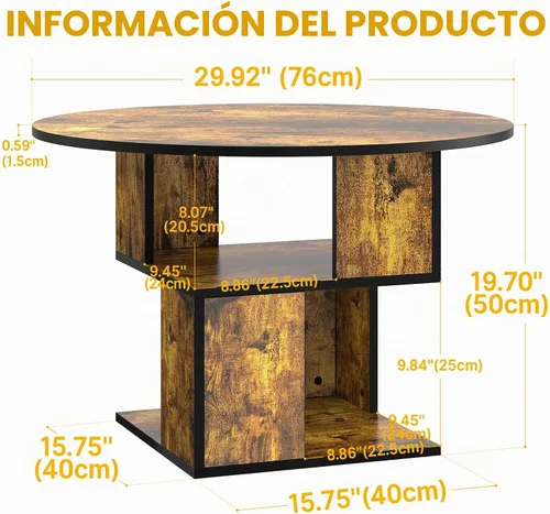 Vista 2 de Elephance Mesa de centro redonda con almacenamiento, mesa de centro de 3 niveles para sala de estar, mesa de madera marrón caramelo con marco negro