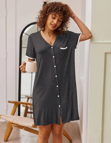 Vista 2 de Ekouaer Camisones para mujer, pijamas con botones, manga corta, cuello en V, ropa de dormir S-3XL