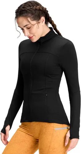Vista 2 de QUEENIEKE Chaquetas de correr para mujer con cremallera, chaquetas atléticas ajustadas para entrenamiento, gimnasio, yoga, pista, con bolsillos