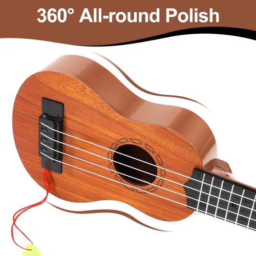 Vista 4 de Raimy Guitarra ukelele de 17 pulgadas para niños, 4 cuerdas, mini guitarra para niños, instrumentos musicales, juguetes educativos con púas