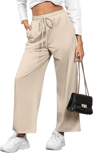 Vista 2 de Locoowai Paquete de 2 pantalones deportivos de pierna recta para mujer, con cordón, cintura elástica, holgados, pierna ancha, pantalones casuales