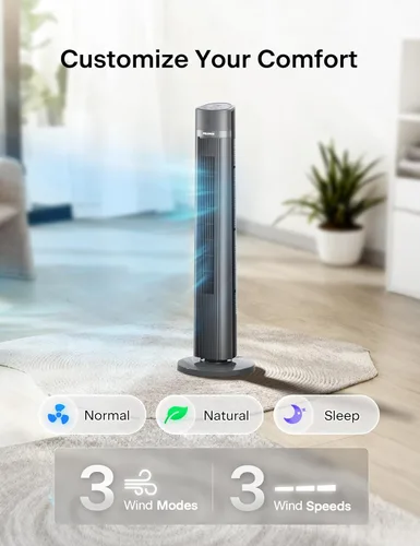 Vista 3 de PELONIS Ventilador de torre sin aspas de 40 pulgadas para dormitorio, ventilador de pie con control remoto, 26 pies/s, oscilación de 90°, 3 ajustes