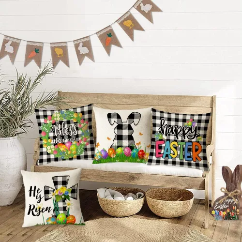 Vista 7 de Juego de 4 fundas de almohada de Pascua de 18 x 18 pulgadas, fundas de almohada decorativas de primavera, fundas de cojín para decoración de sofá al