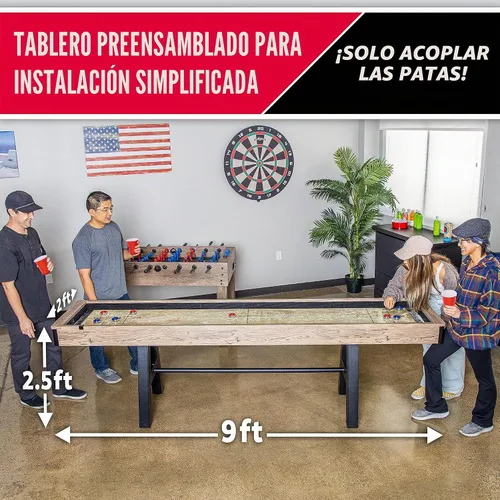 Vista 5 de GoSports Mesa de tejo premium de 9 pies con 8 discos, cera para shuffleboard y cepillo