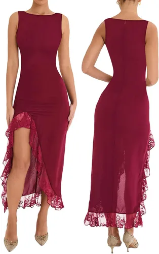 Vista 4 de Suolongsama Vestido largo sin mangas con volantes y espalda descubierta para mujer, estampado floral, sexy, Y2K, para salir, vestido midi de verano