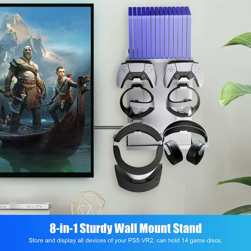 Vista 7 de Jhua PSVR2 PS5 Wall Mount Stand Kit Metal Wall Shelf for Playstation 5 Console, 8-in-1 PS5 VR2 Wall Bracket with Controller Holder, Headset