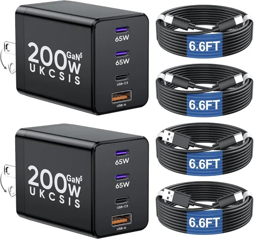Vista 8 de Bloque de cargador USB C de 200 W, cargador plegable GaN5 súper rápido de 4 puertos USB C, bloque de carga dual de 65 W tipo C, adaptador de carga