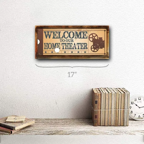 Vista 2 de OMSC Letrero de metal enmarcado con texto en inglés "Welcome to Our Home Theater", "Ticket to the Movie" (Entrada retro a la película), sala