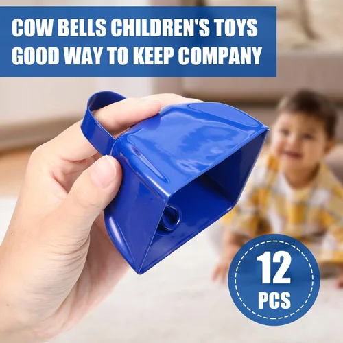 Vista 5 de Therwen Paquete de 12 campanas de metal para hacer ruido de vaca, con asa de 3 pulgadas, campanas de percusión de mano a granel para eventos Azul