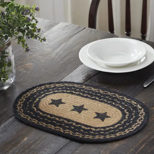 Vista 5 de VHC Brands Farmhouse Star - Mantel individual para mesa de comedor, yute trenzado, ovalado, negro tostado, 10 x 16 pulgadas