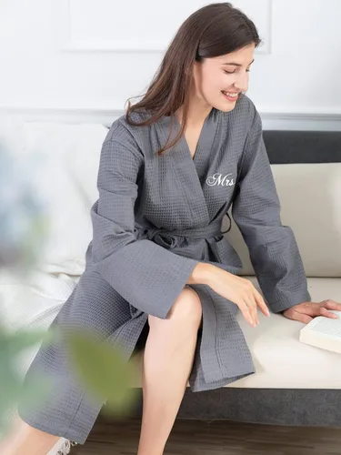Vista 2 de AW BRIDAL 2Pcs Couple's Cotton Waffle Knit Robes Embroidered Lightweight Spa Robes Dressing Gown Bridal Robes for Men Women